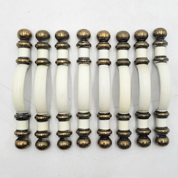 8 Vtg Brass White Enamel Drawer Pull Handles Amerock 5 in 3 Inch Center - Picture 3 of 7